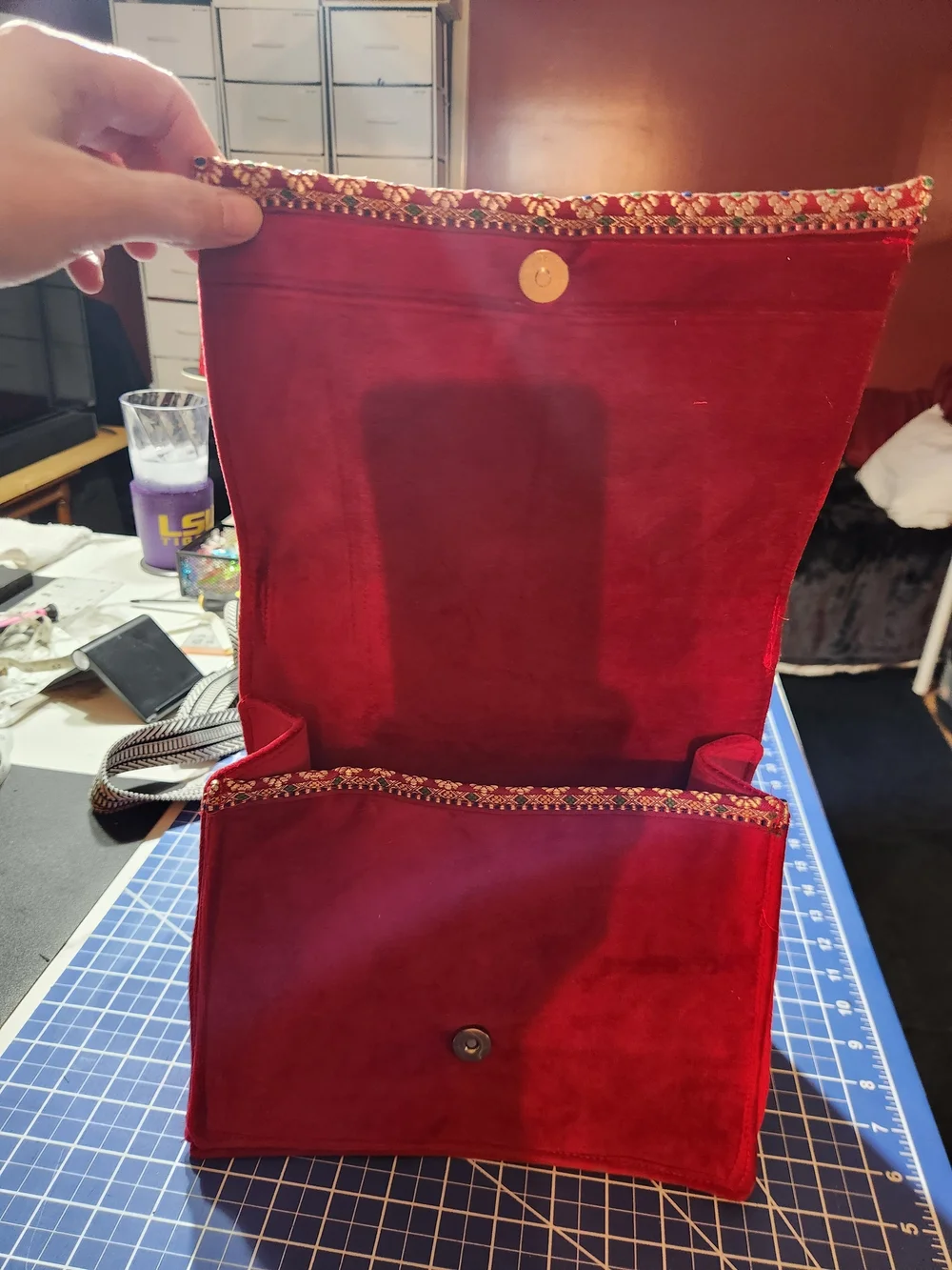 Red Embroidered Box Satchel Handbag